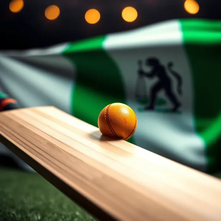 Cricket bat striking ball with Nigerian flag colors in background