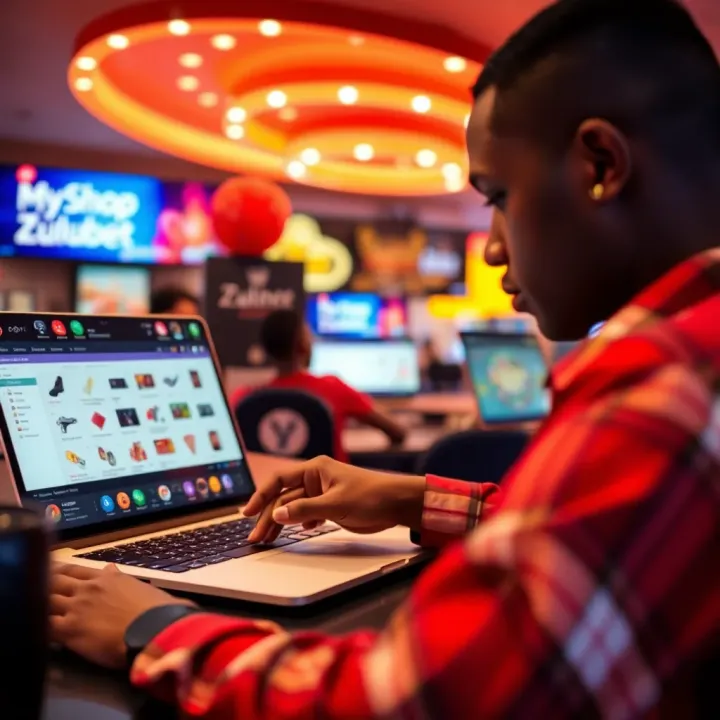 User navigating the My Shop Zulubet online platform interface on a laptop