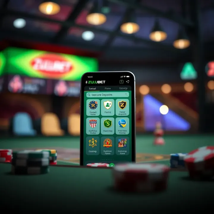 Illustration of a smartphone featuring the Zulubet app with icons for secure deposits and easy navigation