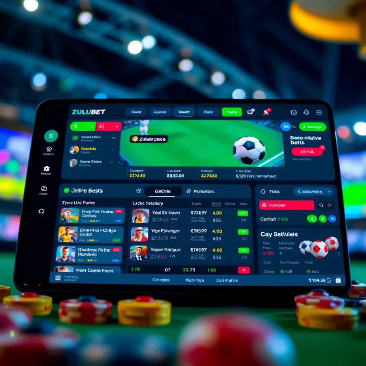 Interface showcasing Zulubet betting app features including live bets and user dashboard