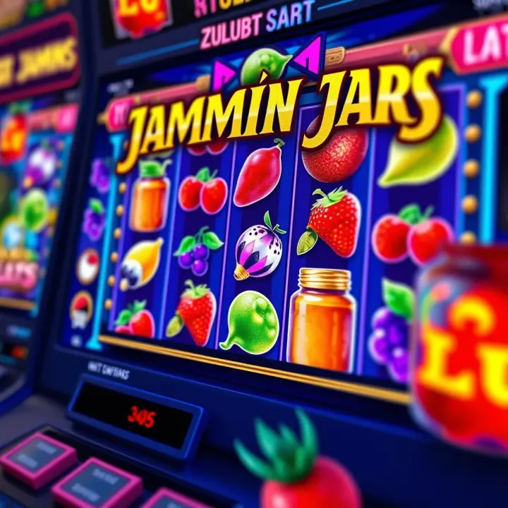 Screenshot showing Zulubet Jammin Jars slot game interface with colorful fruits and jars