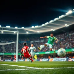 Soccer ball flying toward goal during a live Nigerian football match