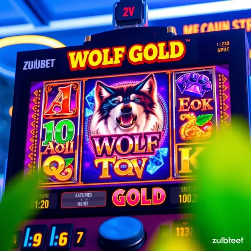 Slot machine interface displaying Wolf Gold game with vibrant symbols and active paylines